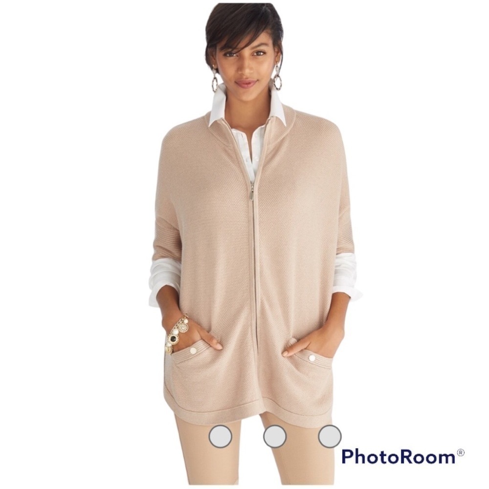 WHBM Tan Cowl Neck elbow length Zip-Up relaxed fit luxe Sweater Poncho Pockets